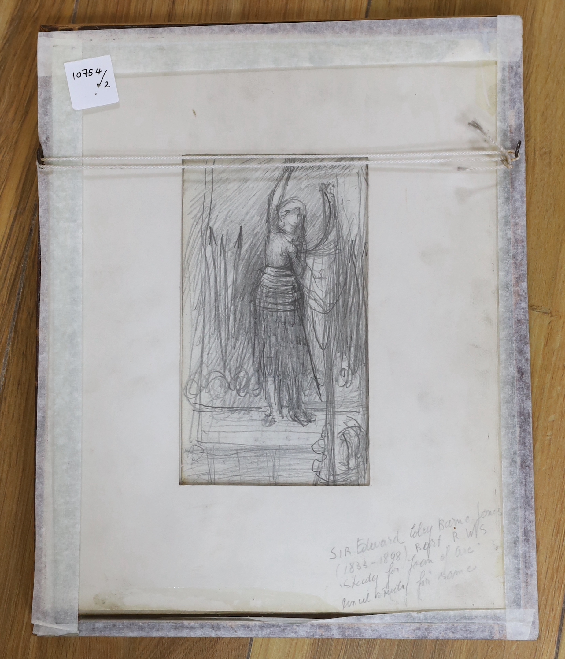 Attributed to Sir Edward Burne-Jones (1833-1898) two pencil and mixed media’s, Studies for Joan of Arc, inscribed in pencil verso, framed as one (ex: Fry Gallery, London), 17 x 10cm